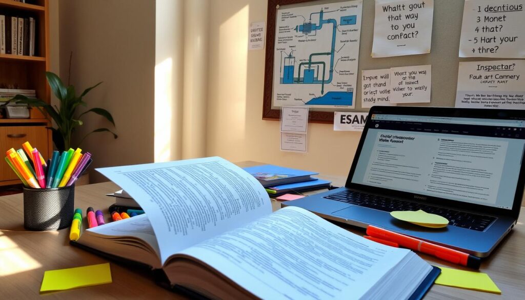 A serene study environment featuring an open textbook on wastewater management, surrounded by colorful highlighters, sticky notes, and a laptop displaying a practice exam. In the background, a bulletin board filled with diagrams of water treatment processes and inspirational study quotes. Soft, natural lighting streams through a nearby window, casting gentle shadows across the scene.