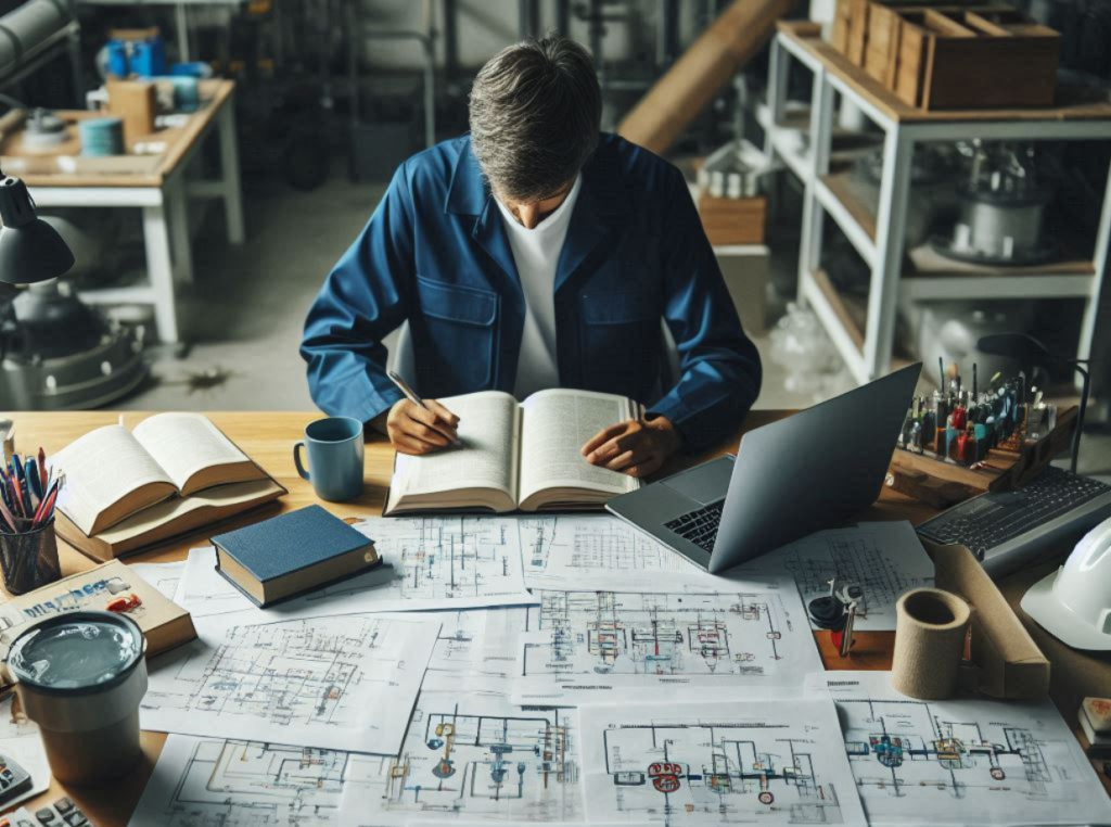 a wastewater operator in a classroom studying wastewater books