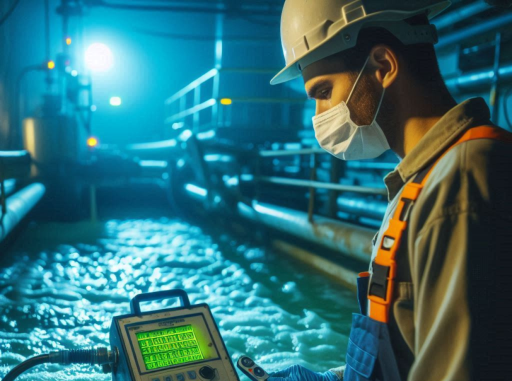 wastewater operator looking at a meter in an aeration tank