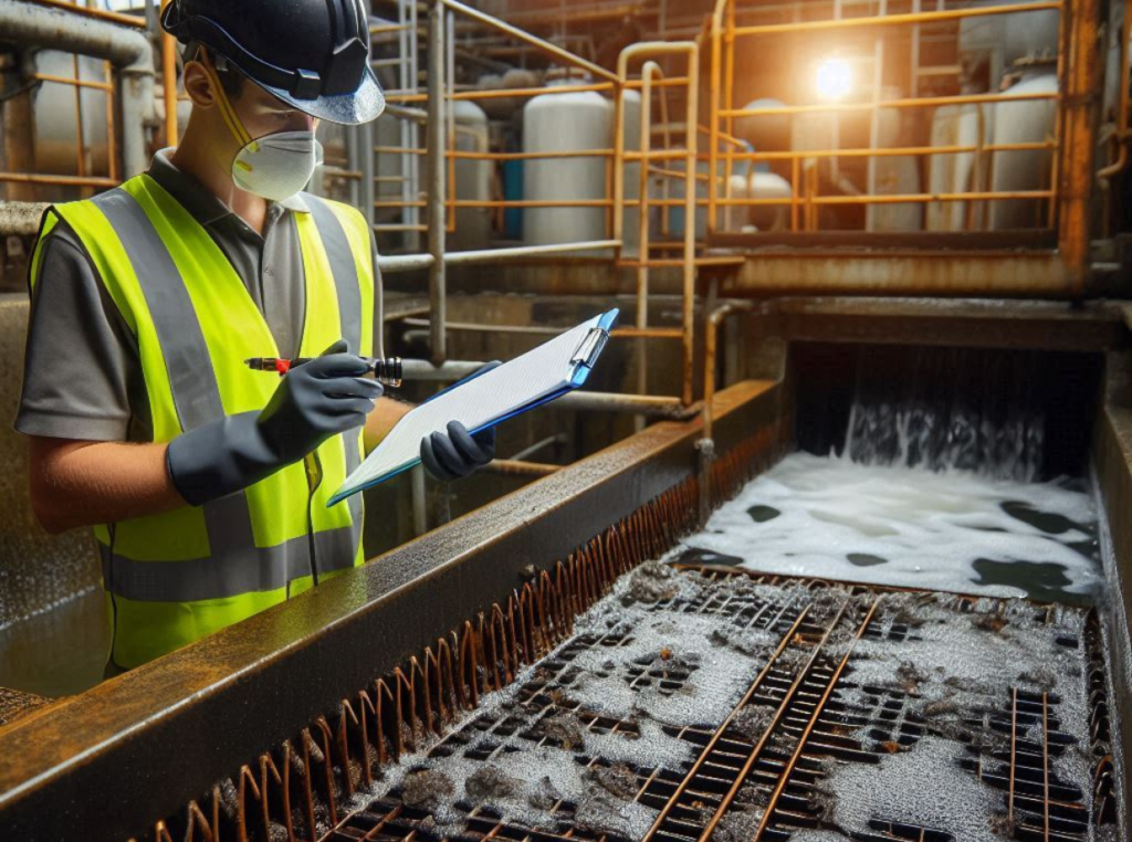 wastewater operator checking on aeration basin