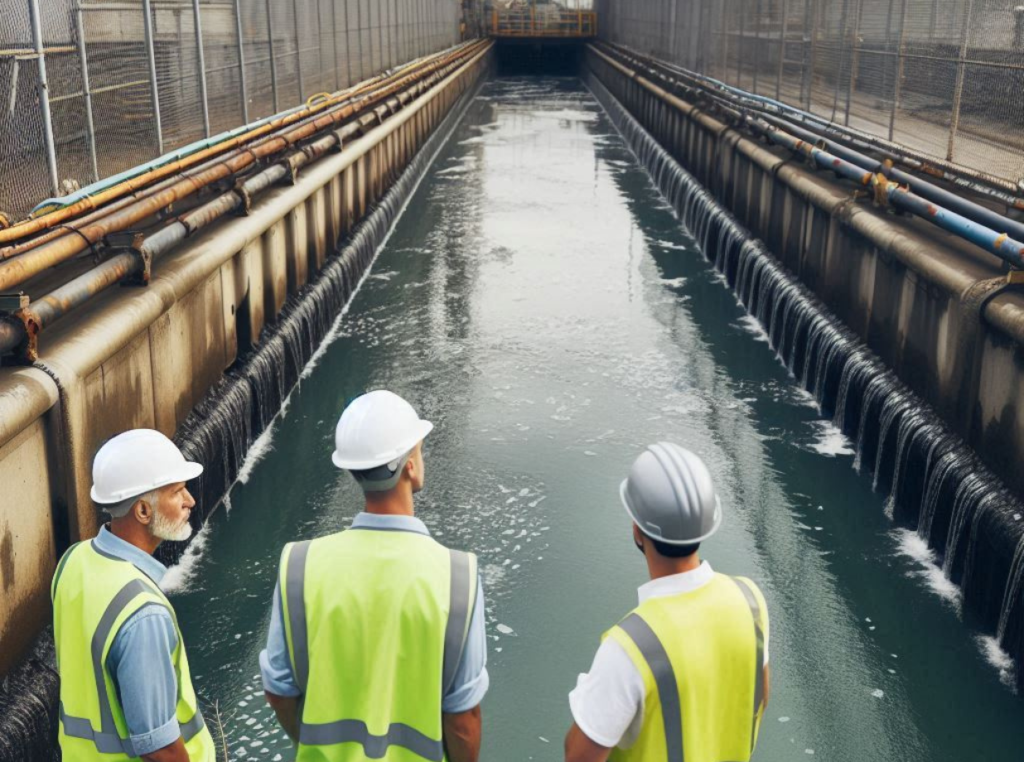 wastewater operators looking in oxidation ditch