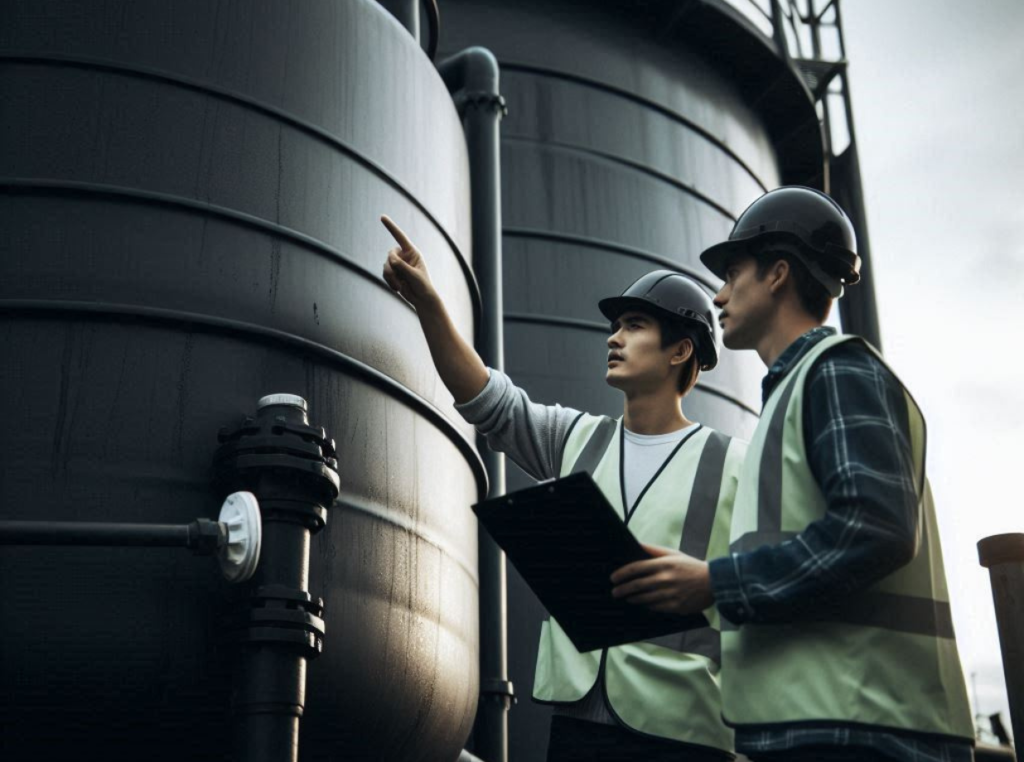 Two operators looking over a storage tank