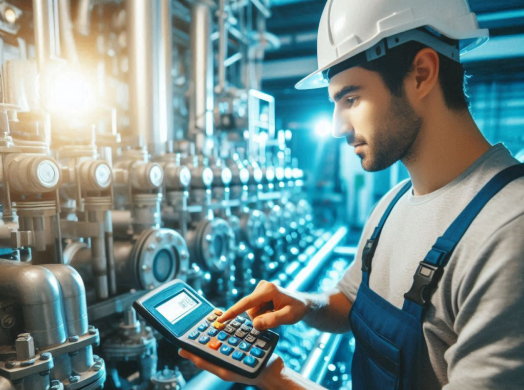 operator using a calculator to calculate flow rate