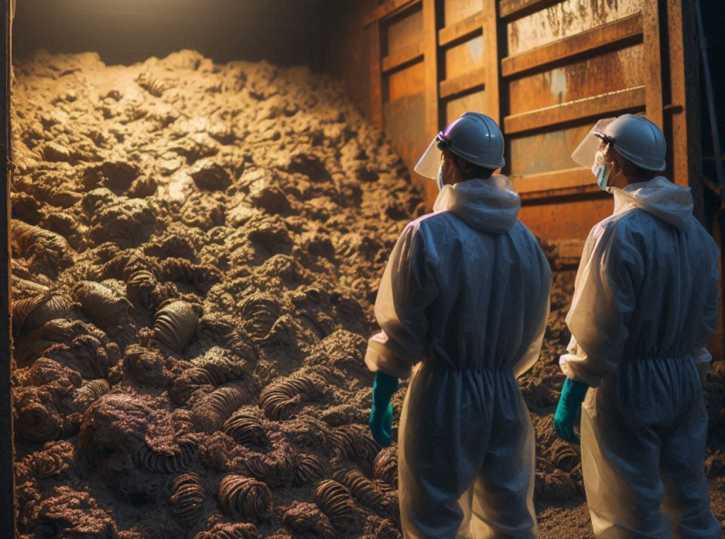 two operators looking at wastewater sludge