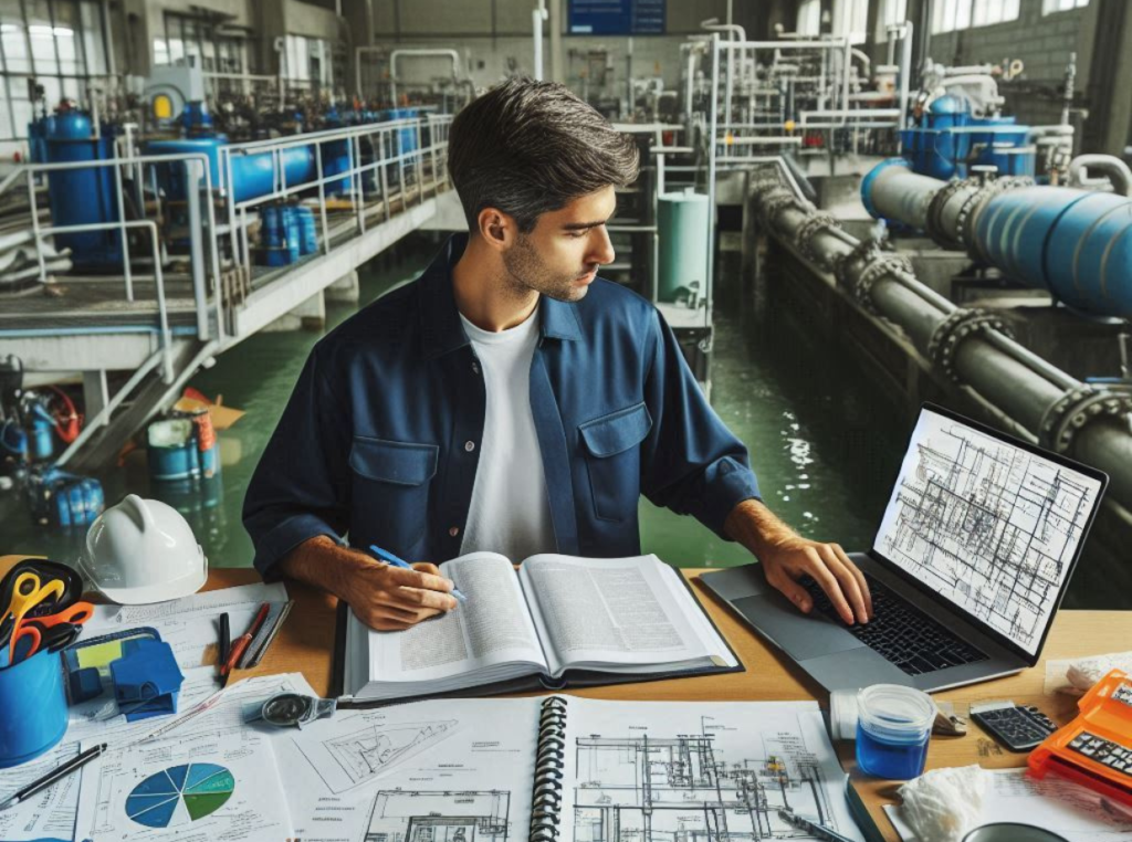 wastewater operator studying for wastewate exam surrounded by notepads and textbooks at a table inside of a area surrounded by motors and piping.