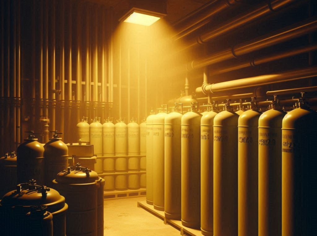 chlorine cylinders in a dimly lit room