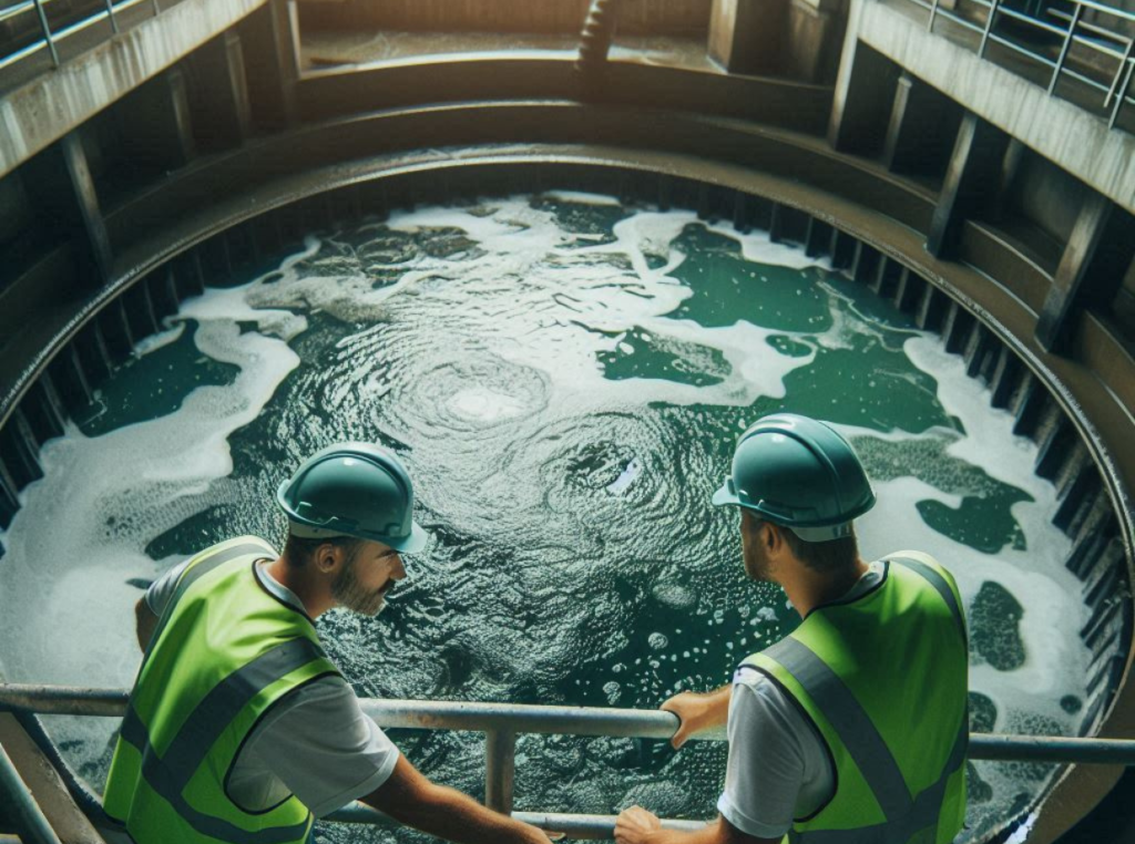 operators looking in a clarifier