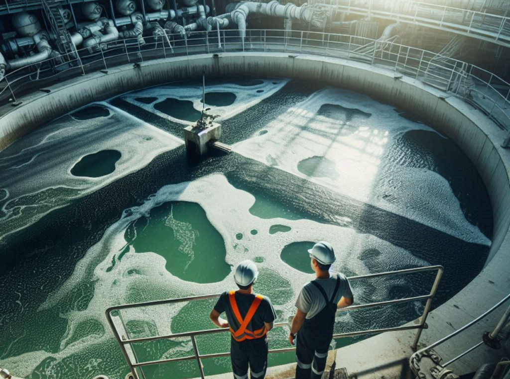 two wastewater operators looking into an aeration basin from a catwalk