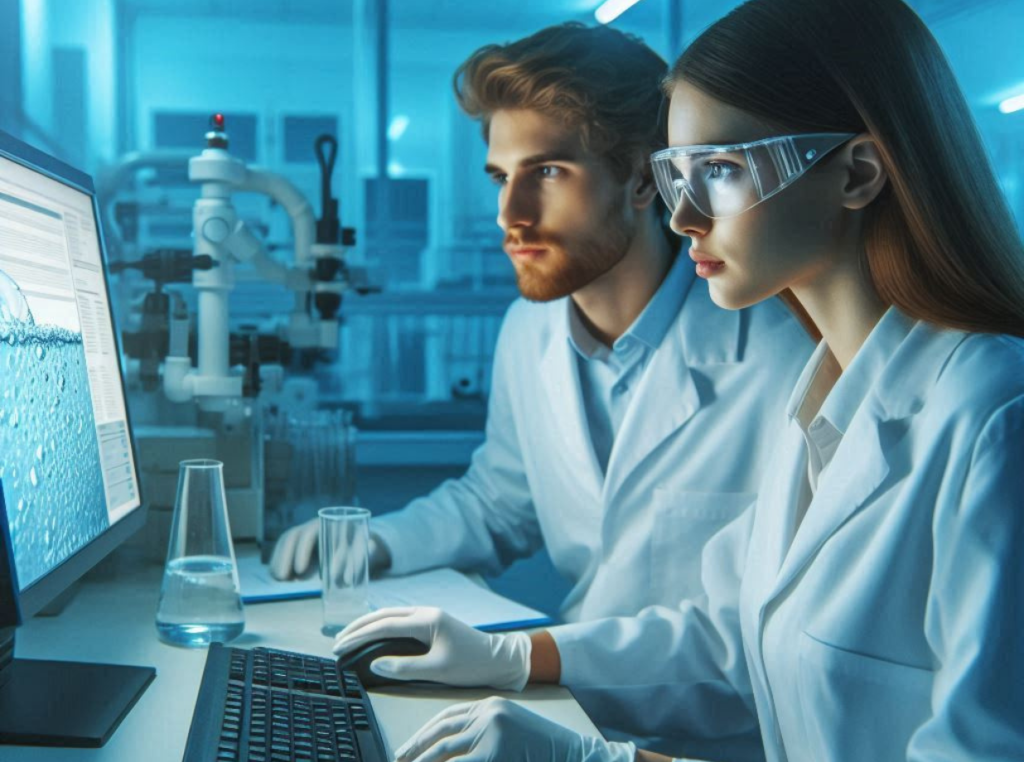 wastewater lab tech looking at computer