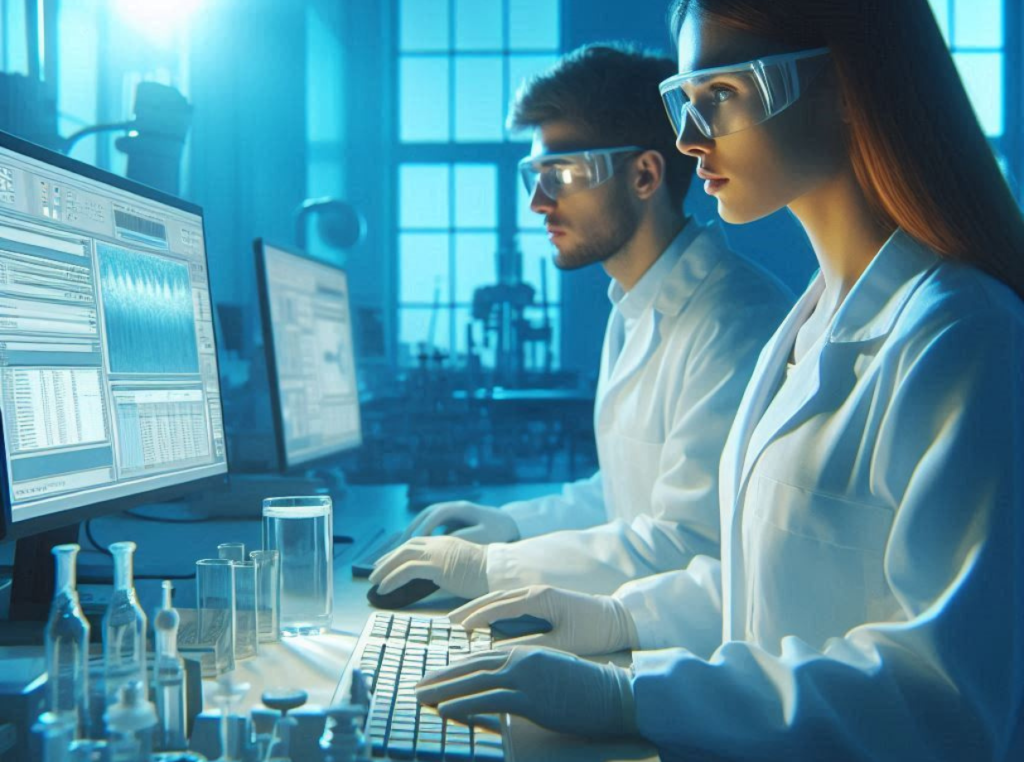 wastewater lab tech looking at computer monitor