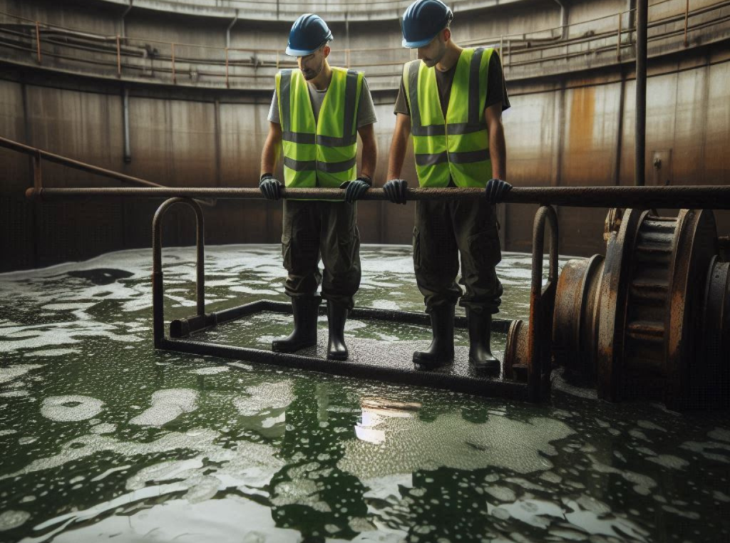 operators looking in a clarifier