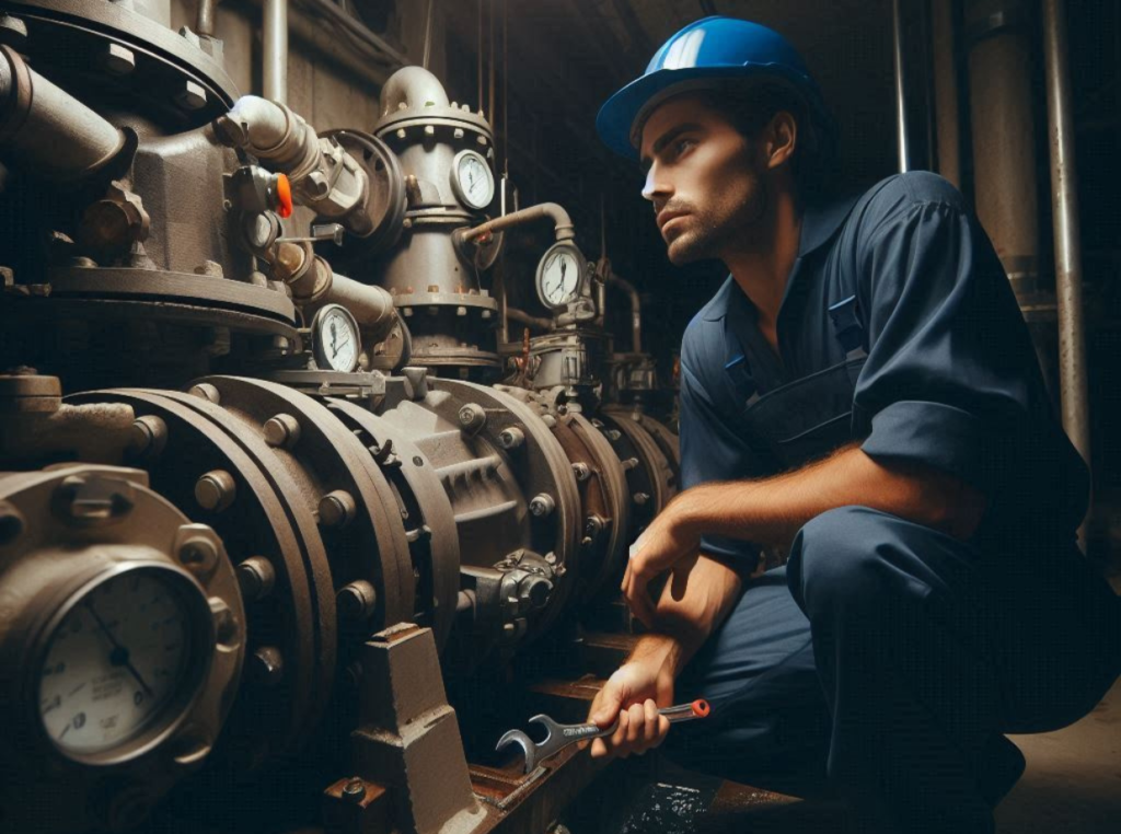 wastewater mechanic squatting down near a pump