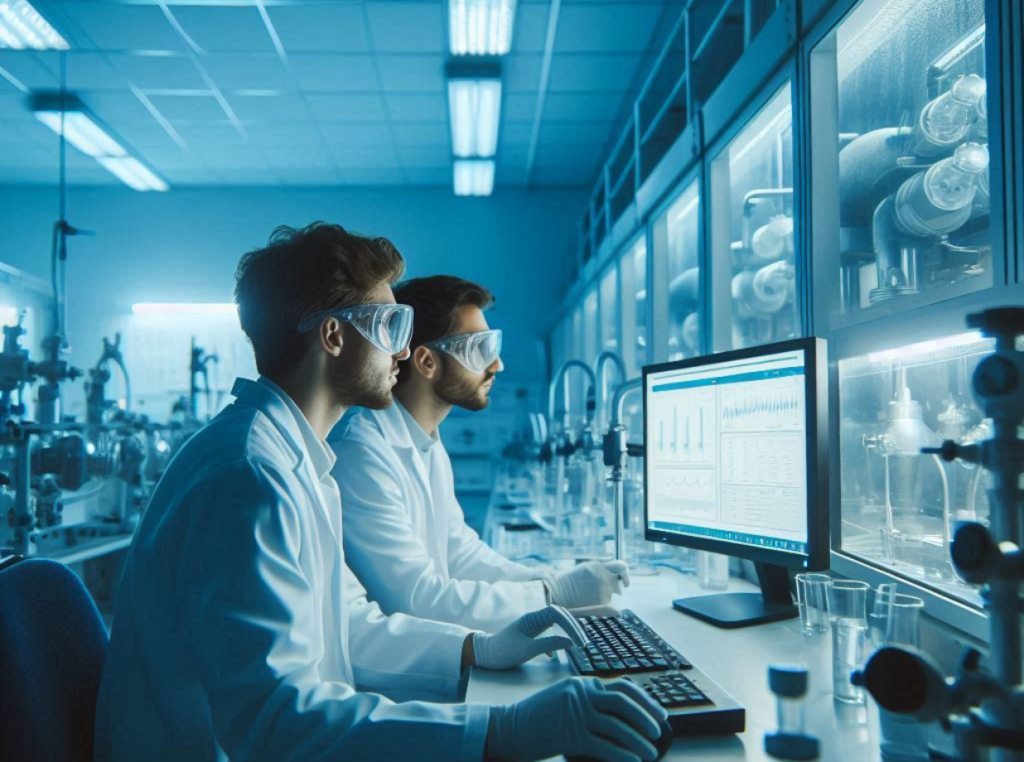 wastewater lab tech looking at computer monitor