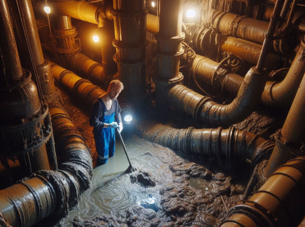 A sewer worker in a dimly lit sewer, surrounded by pipes and machinery, looks down at a pool of thick, greasy sludge