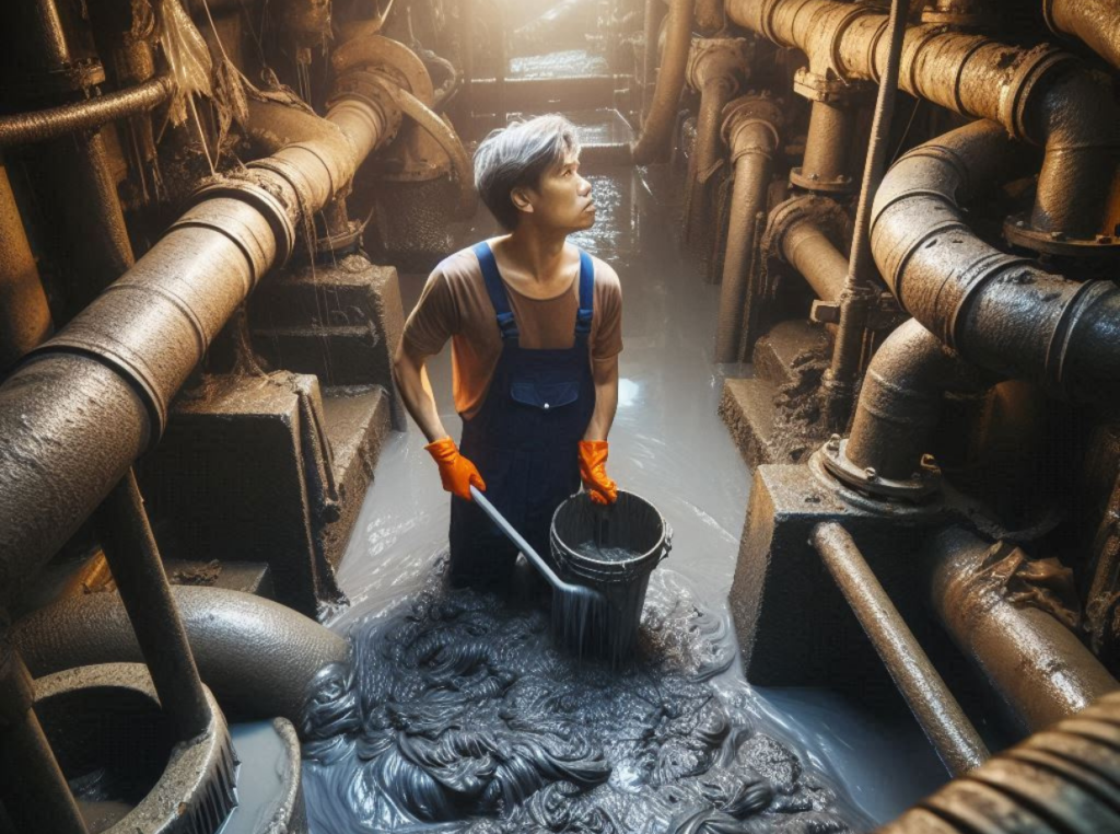 A sewer worker in a dimly lit sewer, surrounded by pipes and machinery, looks down at a pool of thick, greasy sludge