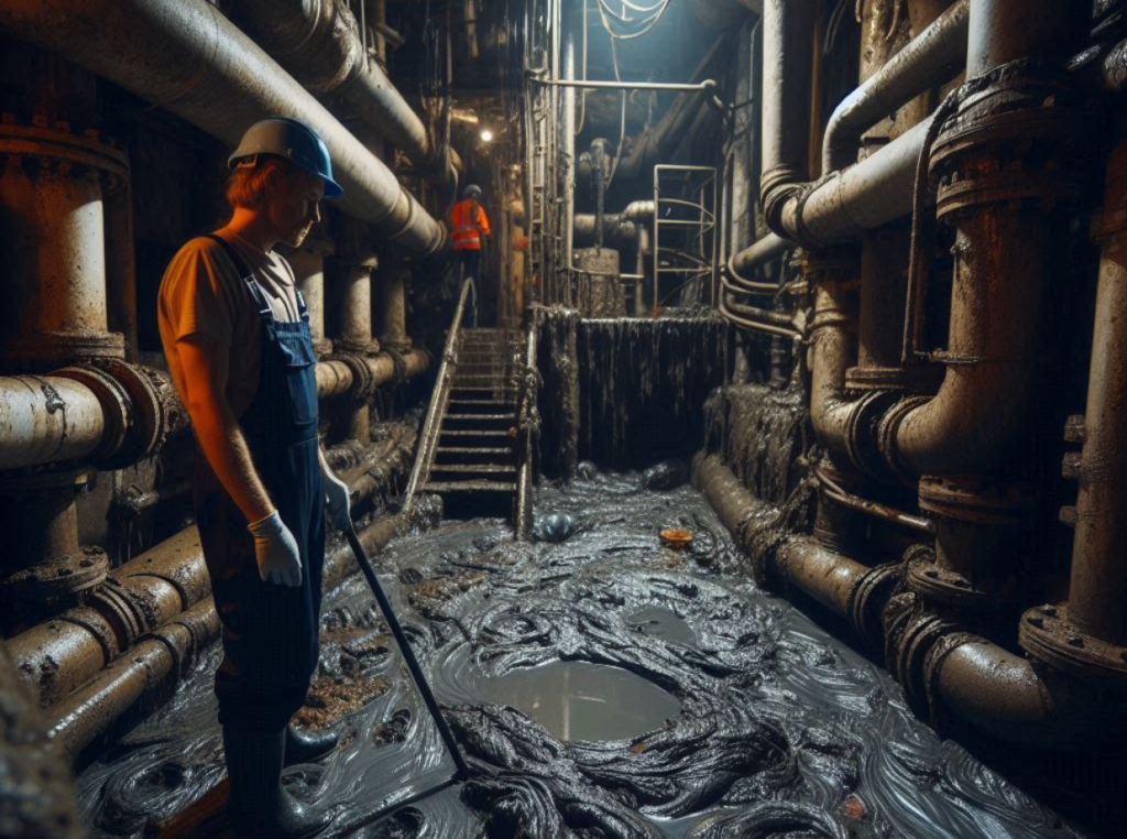 A male sewer worker in a dimly lit sewer, surrounded by pipes and machinery, looks down at a pool of thick, greasy sludge