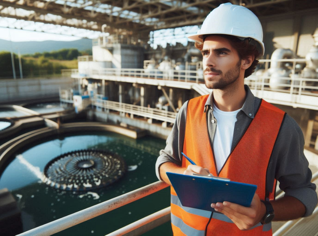 wastewater operator standing by a clarifier with a clipboard (2)