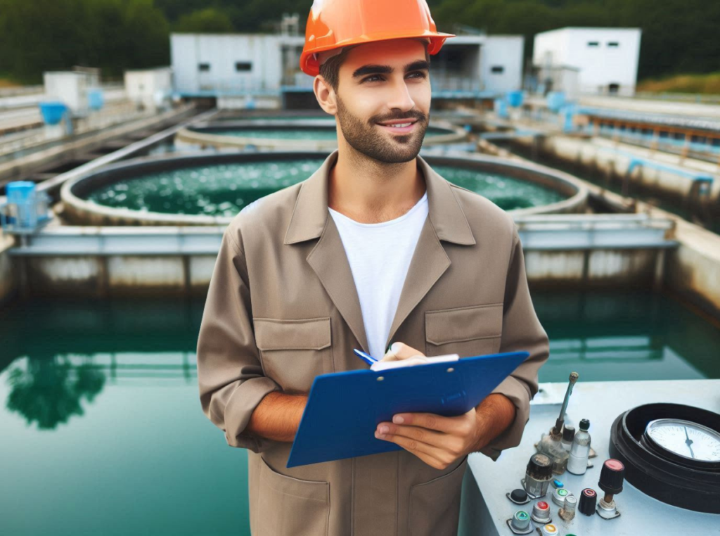 wastewater operator standing by a clarifier with a clipboard (4)