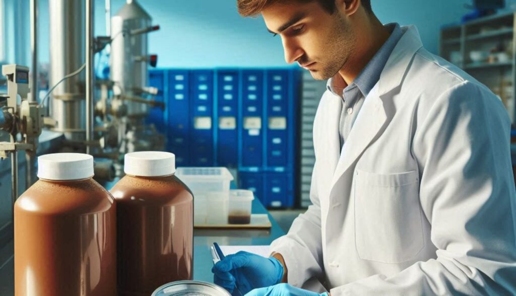 wastewater lab tech in a lab with a jug of sludge on the counter