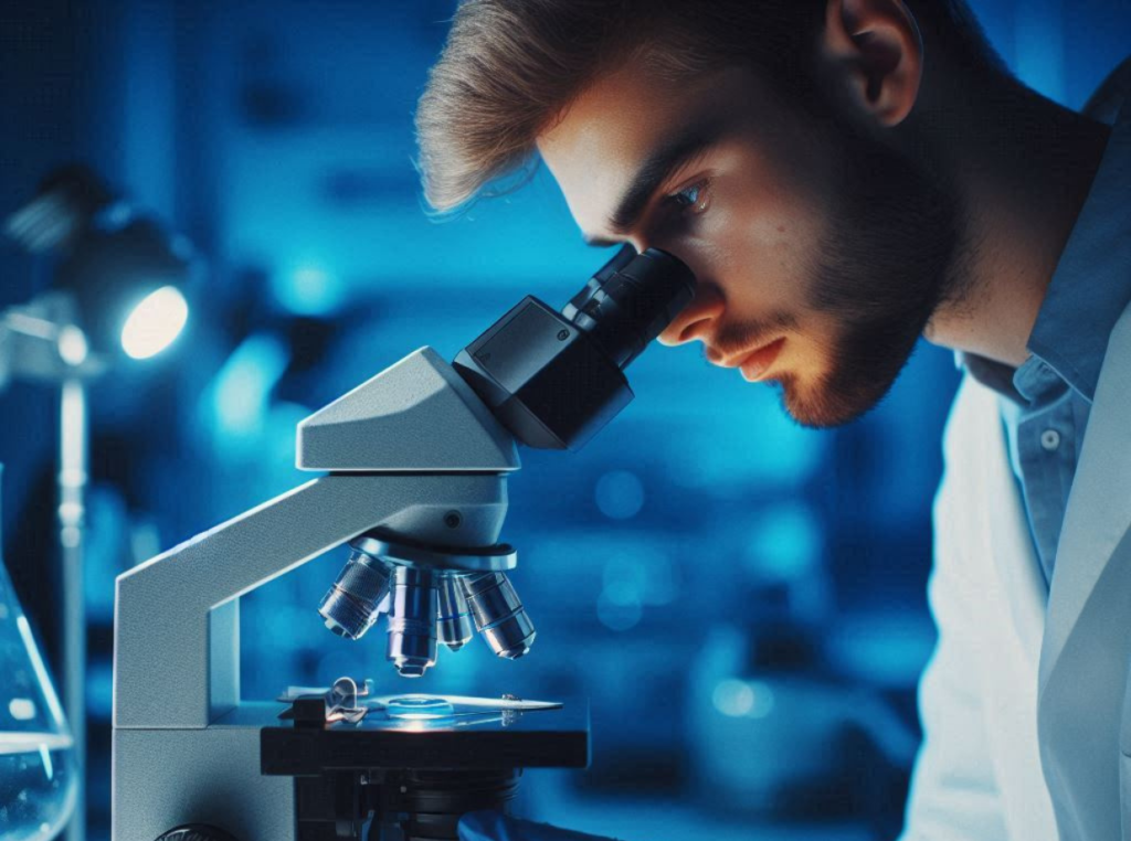 A wastewater lab tech is looking into a microscope.