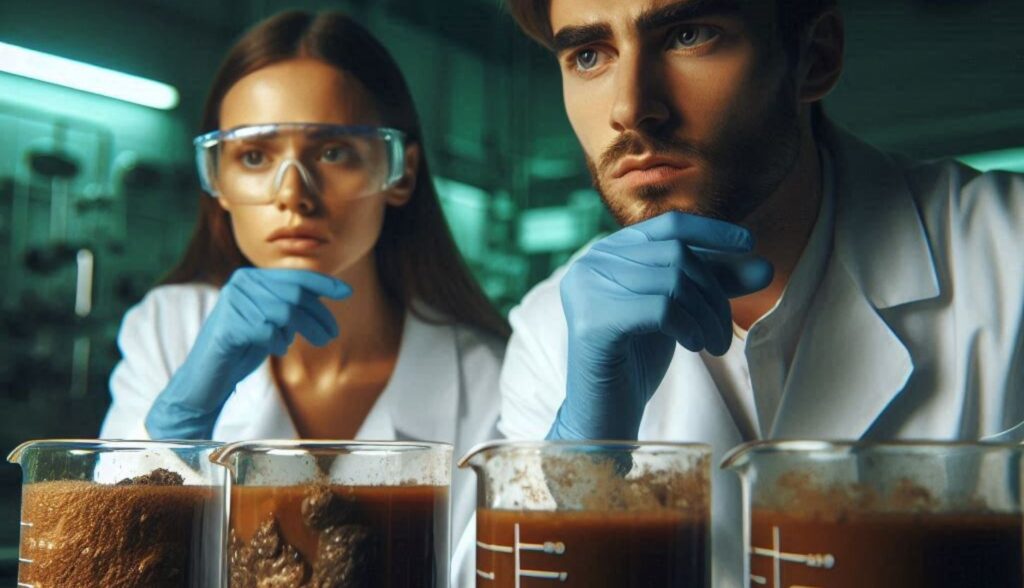 wastewater lab tech looking a sludge samples