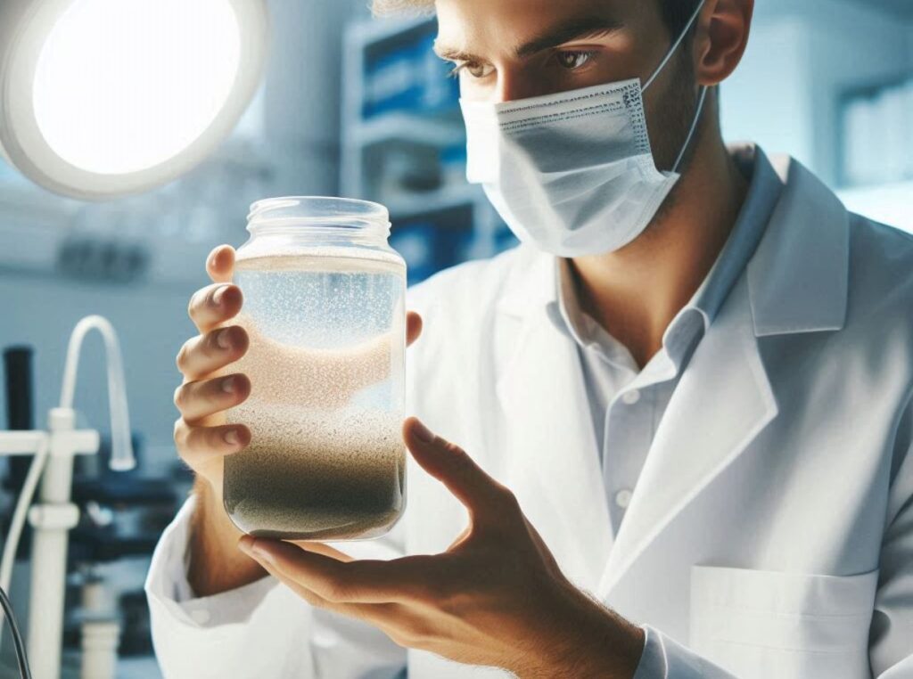 lab tech looking at sludge settling in a container