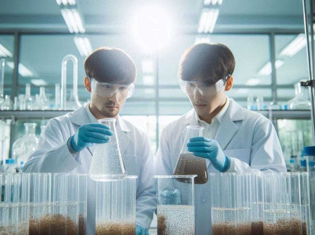 two wastewater lab tech looking at water samples