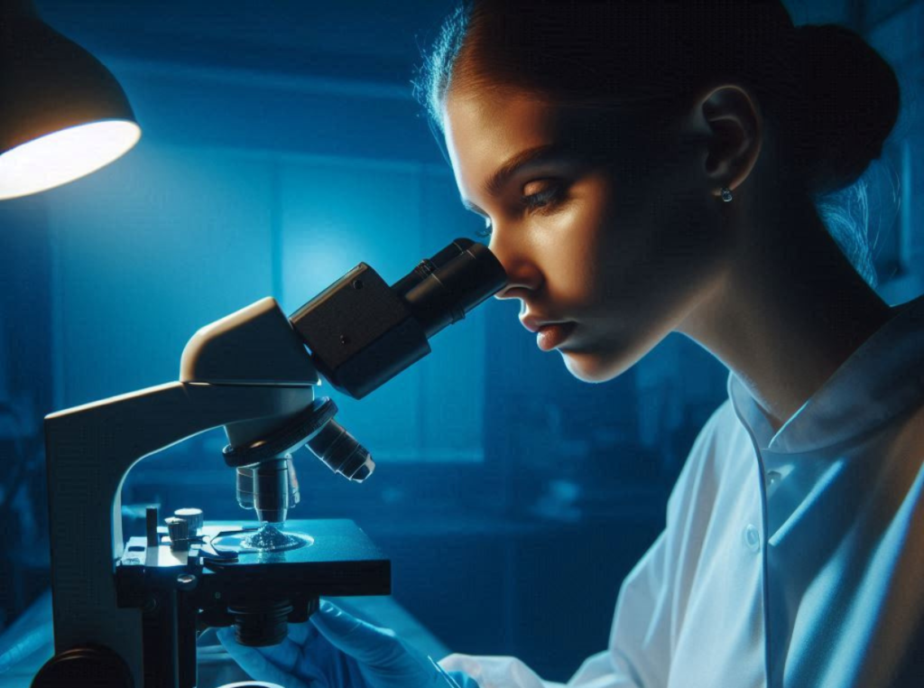 A wastewater lab tech is looking into a microscope.