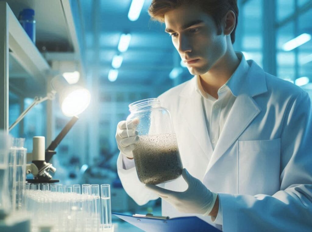 lab tech looking at sludge settling in a container