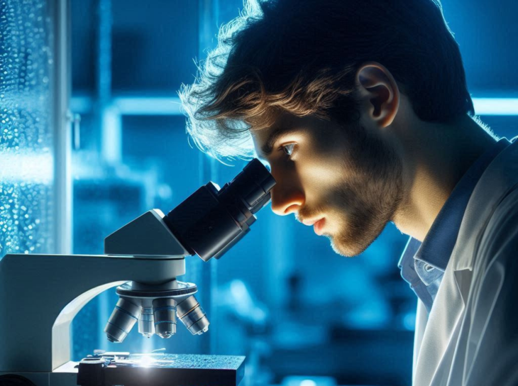 A wastewater lab tech is looking into a microscope.