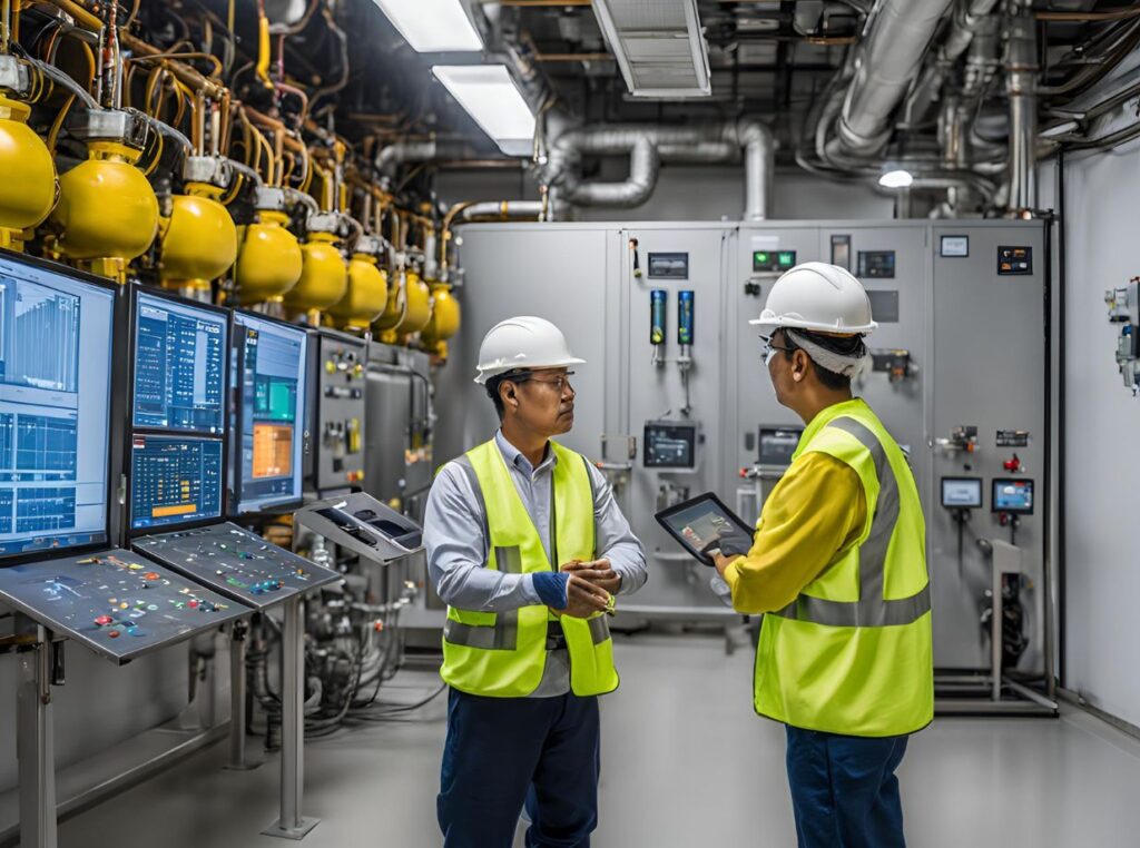 wastewater operators talking in a control room