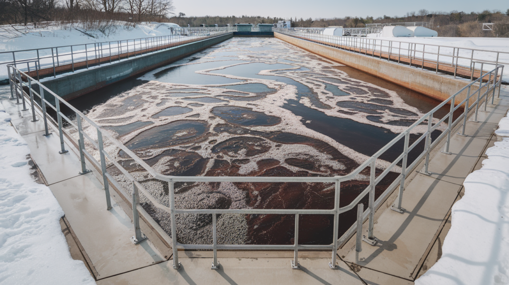Full outdoor shot of a wastewater treatment plant's aeration basin. 