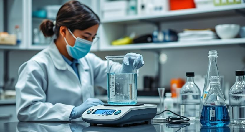 a WASTEWATER lab tech weighing a beaker on a scale in a lab