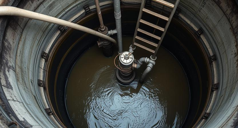Understanding the Wet Well: Functions and Importance in Wastewater Systems the interior of a cylindrical concrete water or sewage tank, revealing a murky, swirling liquid, mechanical equipment, and a ladder leading down into the depths.