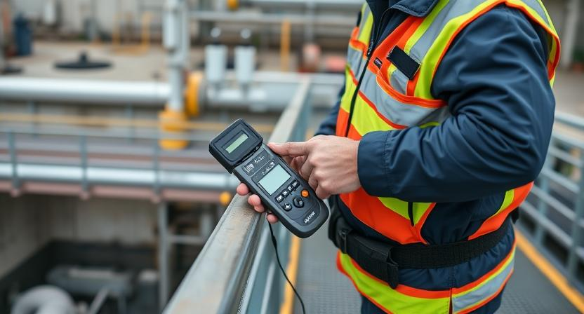 a WASTEWATER operator on a catwalk holding a handheld meter