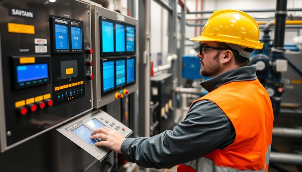 Wastewater treatment plant operator monitoring control panels at a modern wastewater operator licenses by state facility