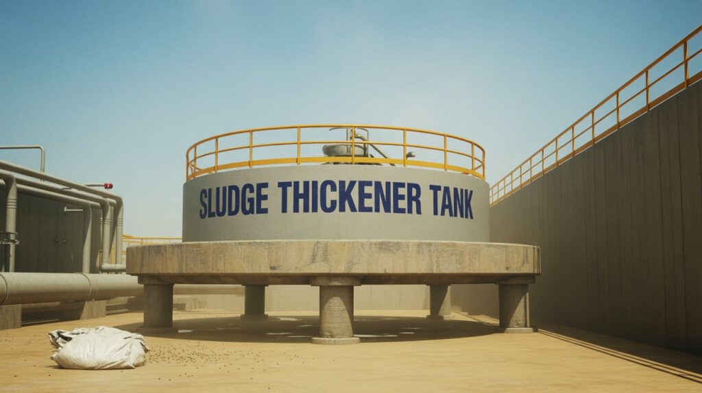 A photograph of a large, industrial sludge thickener tank dominating the scene within a modern wastewater treatment plant. The tank, a light grey conical structure, is prominently labeled with "SLUDGE THICKENER TANK" in bold dark blue lettering, and sits atop a worn concrete base supported by sturdy, cylindrical metal legs. A bright yellow safety railing encircles the tank's perimeter, while a diffuse, slightly hazy light filters in from the clear blue sky above, illuminating the tank and the surrounding light brown ground speckled with dust and a partially visible white bag. Partially obscured pipes and equipment sit to the left, and a tall concrete wall with a matching railing extends to the right, all contributing to a sense of functional order within the industrial environment.