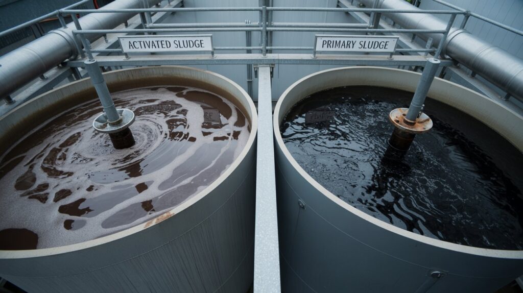 A photograph showcasing two adjacent cylindrical tanks labeled with "Activated Sludge" and "Primary Sludge" respectively, sitting side-by-side in an industrial wastewater treatment facility. The “Activated Sludge” tank contains a swirling mixture of dark brown and grey liquid, with visible foam and a slight sheen reflecting overhead lights. The "Primary Sludge" tank appears denser and darker, with a more settled appearance, both tanks are encircled by a network of metallic pipes and equipment. Diffused, cool-toned industrial lighting illuminates the scene, creating a sense of functionality and technological precision.