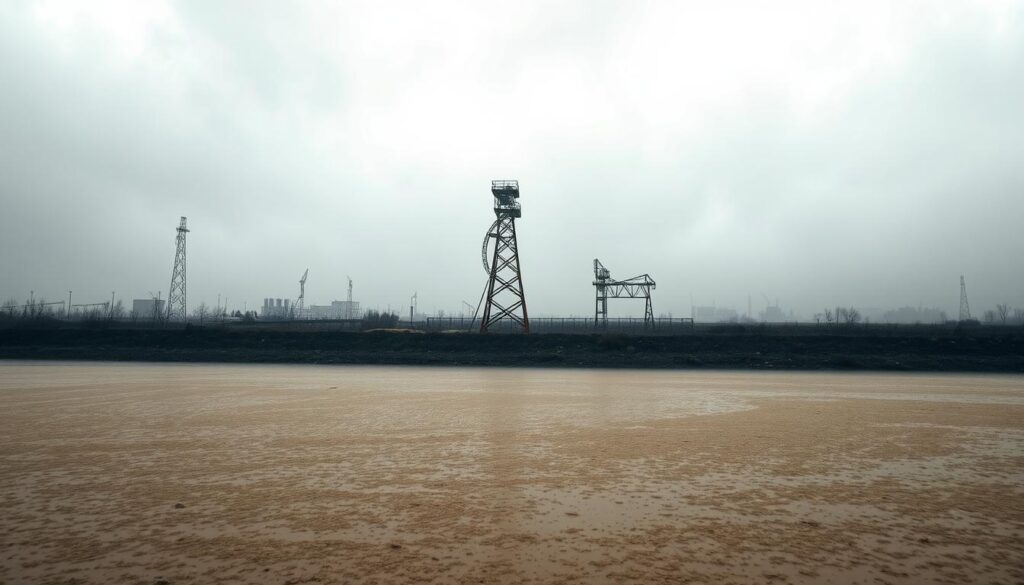 A bleak, industrial landscape with a dense, ominous cloud of pollutants obscuring the sky. In the foreground, a murky, discolored body of water - the result of chemical coagulation processes gone awry. Twisted, rusting metal structures loom in the middle ground, symbolic of the environmental degradation caused by industrial runoff. The background is a hazy, monochromatic smog, highlighting the pervasive and far-reaching impact of these coagulant-related contaminants. Harsh, overhead lighting casts deep shadows, adding to the sense of gloom and environmental distress. The overall tone is one of environmental devastation and the heavy toll of industrial processes on the natural world. A bleak, industrial landscape with a dense, ominous cloud of pollutants obscuring the sky. In the foreground, a murky, discolored body of water - the result of chemical coagulation processes gone awry. Twisted, rusting metal structures loom in the middle ground, symbolic of the environmental degradation caused by industrial runoff. The background is a hazy, monochromatic smog, highlighting the pervasive and far-reaching impact of these coagulant-related contaminants. Harsh, overhead lighting casts deep shadows, adding to the sense of gloom and environmental distress. The overall tone is one of environmental devastation and the heavy toll of industrial processes on the natural world.