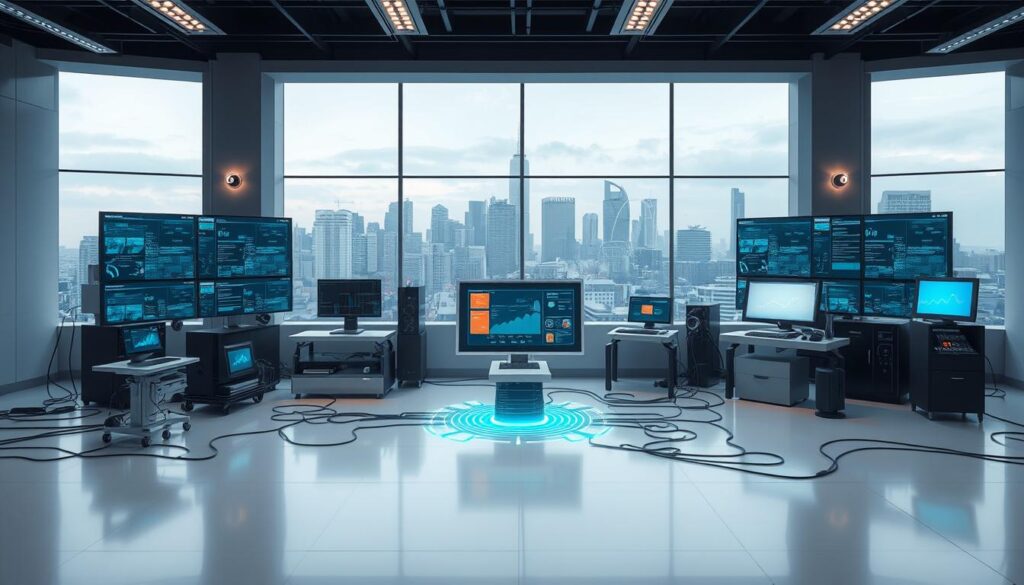 A futuristic IoT monitoring station situated in a minimalist, well-lit laboratory setting. The foreground showcases an array of sleek, interconnected devices and sensors displaying real-time data streams. The middle ground features a central control panel with a holographic user interface, surrounded by a web of cables and LED indicators. In the background, a large panoramic window reveals a cityscape, symbolizing the integration of the IoT system within the urban environment. The overall atmosphere is one of technological sophistication, efficiency, and the seamless integration of digital and physical worlds. A futuristic IoT monitoring station situated in a minimalist, well-lit laboratory setting. The foreground showcases an array of sleek, interconnected devices and sensors displaying real-time data streams. The middle ground features a central control panel with a holographic user interface, surrounded by a web of cables and LED indicators. In the background, a large panoramic window reveals a cityscape, symbolizing the integration of the IoT system within the urban environment. The overall atmosphere is one of technological sophistication, efficiency, and the seamless integration of digital and physical worlds.