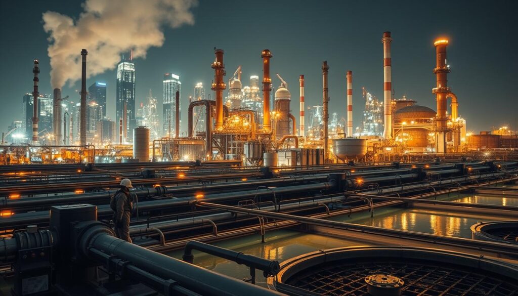 A futuristic industrial landscape, featuring towering factories and processing plants against a backdrop of glowing skyscrapers. In the foreground, a network of pipes and tanks, bustling with the activity of activated sludge treatment processes. Technicians in protective gear monitor the systems, while a series of clarifiers and aerators churn the nutrient-rich liquid. The scene is illuminated by warm, artificial lighting, creating a sense of technological sophistication and efficiency. The composition emphasizes the scale and complexity of these industries, showcasing the vital role that activated sludge plays in their operations. A futuristic industrial landscape, featuring towering factories and processing plants against a backdrop of glowing skyscrapers. In the foreground, a network of pipes and tanks, bustling with the activity of activated sludge treatment processes. Technicians in protective gear monitor the systems, while a series of clarifiers and aerators churn the nutrient-rich liquid. The scene is illuminated by warm, artificial lighting, creating a sense of technological sophistication and efficiency. The composition emphasizes the scale and complexity of these industries, showcasing the vital role that activated sludge plays in their operations.
