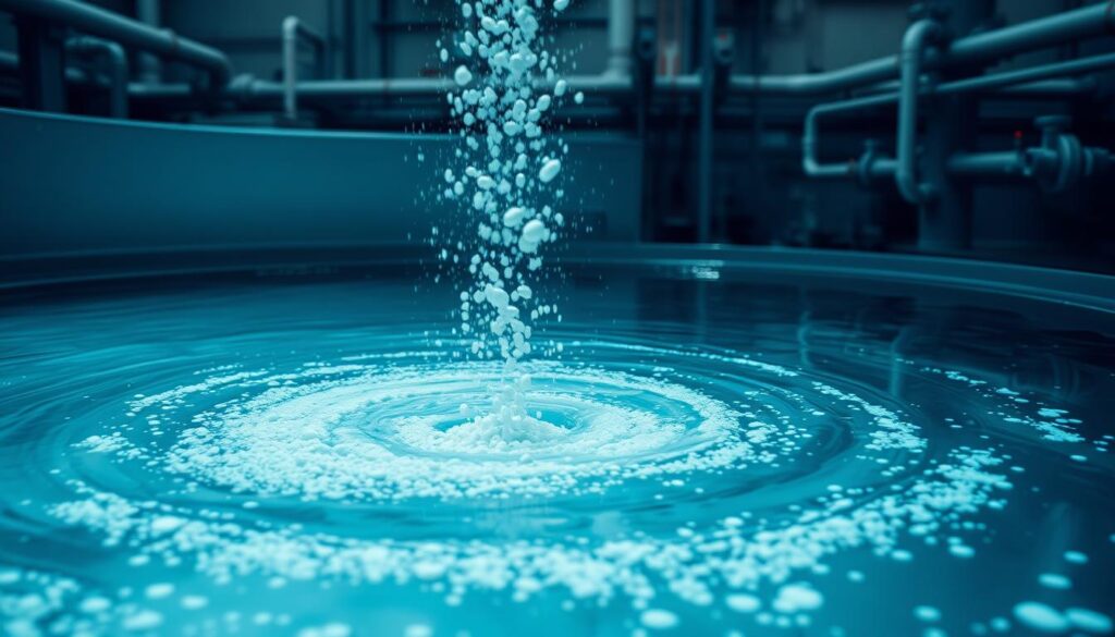 A large industrial water treatment tank filled with clear, flowing water. In the foreground, a swirling vortex of coagulant particles and flocculated contaminants. The coagulant is precisely dosed, creating an efficient flocculation and sedimentation process. Diffused lighting casts a soft, even glow across the scene, highlighting the complex interactions between the water and the coagulant. The background features pipes, valves, and monitoring equipment, conveying the industrial setting. The overall impression is one of controlled, optimized water treatment performance. A large industrial water treatment tank filled with clear, flowing water. In the foreground, a swirling vortex of coagulant particles and flocculated contaminants. The coagulant is precisely dosed, creating an efficient flocculation and sedimentation process. Diffused lighting casts a soft, even glow across the scene, highlighting the complex interactions between the water and the coagulant. The background features pipes, valves, and monitoring equipment, conveying the industrial setting. The overall impression is one of controlled, optimized water treatment performance.