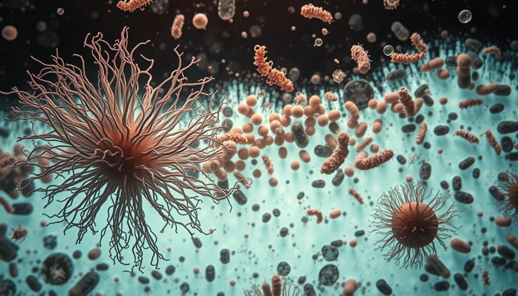 A meticulously detailed cross-section of a microscopic sample, illuminated by soft, diffused lighting that casts subtle shadows, revealing the intricate structures and diverse microbial inhabitants of a thriving activated sludge system. The foreground features a cluster of filamentous bacteria, their delicate, intertwined filaments extending outward, while in the middle ground, a variety of cocci and bacilli species can be observed, each with its own distinct morphology. The background showcases a diverse array of protozoa, some swimming freely, others attached to the floc matrix, all contributing to the complex ecosystem that influences the sludge volume index (SVI) values. The overall composition conveys a sense of scientific investigation, inviting the viewer to explore the microbial factors at play in the wastewater treatment process. A meticulously detailed cross-section of a microscopic sample, illuminated by soft, diffused lighting that casts subtle shadows, revealing the intricate structures and diverse microbial inhabitants of a thriving activated sludge system. The foreground features a cluster of filamentous bacteria, their delicate, intertwined filaments extending outward, while in the middle ground, a variety of cocci and bacilli species can be observed, each with its own distinct morphology. The background showcases a diverse array of protozoa, some swimming freely, others attached to the floc matrix, all contributing to the complex ecosystem that influences the sludge volume index (SVI) values. The overall composition conveys a sense of scientific investigation, inviting the viewer to explore the microbial factors at play in the wastewater treatment process.