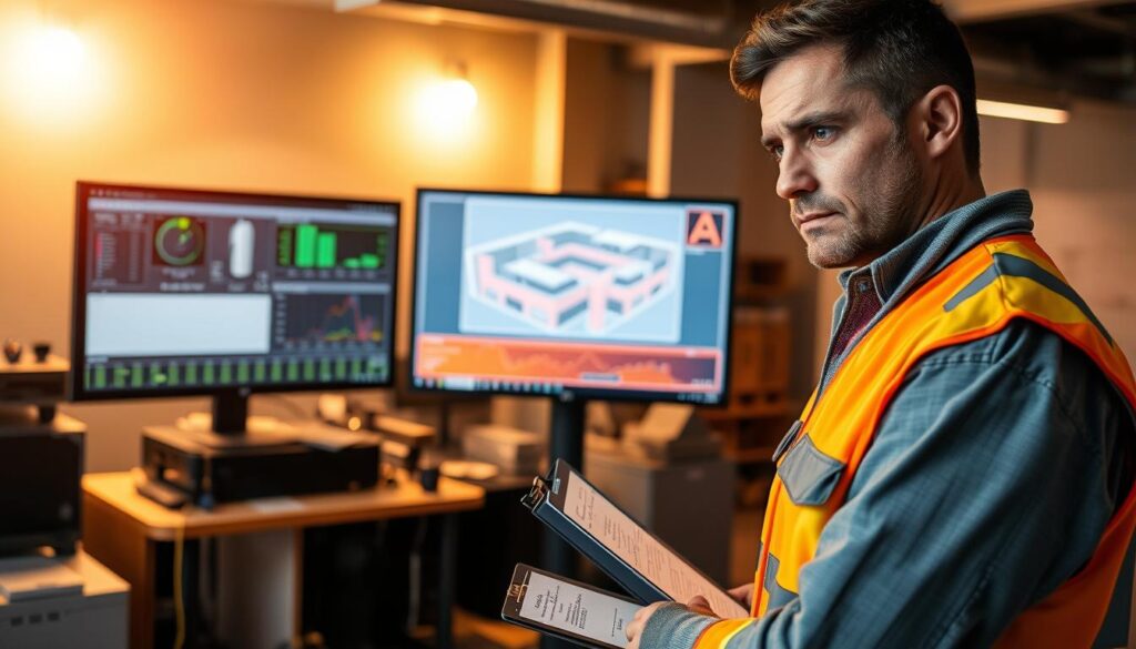 A technician troubleshooting a high SVI (Specific Vapor Intrusion) measurement, examining a computer screen displaying sensor data and environmental readings. In the foreground, the technician stands with a concerned expression, wearing a safety vest and holding a clipboard. In the middle ground, a schematic diagram of the building's layout and ventilation system is visible on the computer screen. In the background, a modern office setting with equipment and tools suggest an active investigation. Warm, focused lighting illuminates the scene, conveying a sense of diligence and problem-solving. A technician troubleshooting a high SVI (Specific Vapor Intrusion) measurement, examining a computer screen displaying sensor data and environmental readings. In the foreground, the technician stands with a concerned expression, wearing a safety vest and holding a clipboard. In the middle ground, a schematic diagram of the building's layout and ventilation system is visible on the computer screen. In the background, a modern office setting with equipment and tools suggest an active investigation. Warm, focused lighting illuminates the scene, conveying a sense of diligence and problem-solving.