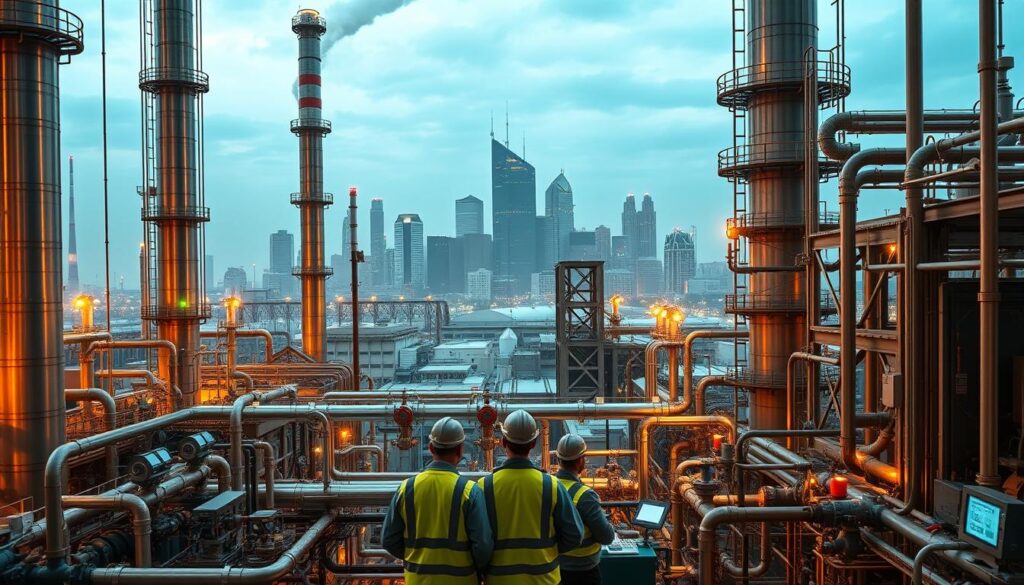 A vast, modern industrial facility with towering smokestacks and gleaming metal structures. In the foreground, a group of men in hard hats and safety vests, carefully inspecting equipment and monitoring digital displays. The middle ground features a complex network of pipes, valves, and control panels, all meticulously maintained. In the background, a cityscape of skyscrapers and office buildings, symbolizing the broader regulatory landscape. The scene is illuminated by warm, diffused lighting, conveying a sense of diligence and attention to detail. The overall atmosphere is one of technological sophistication, compliance, and the rigorous management of critical industrial processes. A vast, modern industrial facility with towering smokestacks and gleaming metal structures. In the foreground, a group of men in hard hats and safety vests, carefully inspecting equipment and monitoring digital displays. The middle ground features a complex network of pipes, valves, and control panels, all meticulously maintained. In the background, a cityscape of skyscrapers and office buildings, symbolizing the broader regulatory landscape. The scene is illuminated by warm, diffused lighting, conveying a sense of diligence and attention to detail. The overall atmosphere is one of technological sophistication, compliance, and the rigorous management of critical industrial processes.