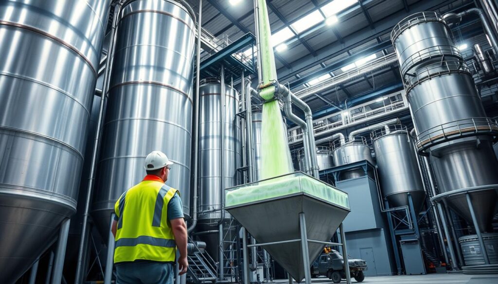 A well-lit industrial facility, with towering steel tanks and pipes carrying ferrous sulfate solution. In the foreground, a worker in a safety vest oversees the transfer of the green-tinged liquid into a large hopper. Surrounding the scene, rows of storage silos and conveyor belts hint at the scale of the operation. The lighting is crisp and directional, casting sharp shadows that emphasize the rugged, utilitarian nature of the space. The overall atmosphere is one of efficient, large-scale chemical processing, reflecting the widespread industrial applications of ferrous sulfate.