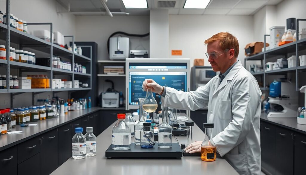 A well-lit laboratory setting, with a central workbench showcasing various chemical handling equipment. In the foreground, a scientist in a white lab coat and safety goggles is carefully pouring a solution from one beaker to another, demonstrating proper technique. In the middle ground, shelves line the walls, stocked with labeled bottles and safety gear. The background features an array of scientific apparatus, including an analytical balance, a fume hood, and a computer monitor displaying safety protocols. The overall atmosphere conveys a sense of diligence, precision, and a commitment to safe handling practices.