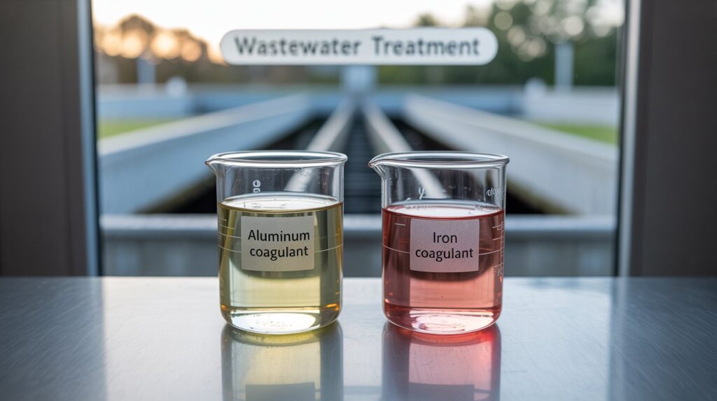 A photograph of two beakers filled with clear liquids, one labeled "Aluminum Coagulant" and the other "Iron Coagulant," sitting side-by-side on a stainless-steel laboratory bench. The beaker labeled "Aluminum Coagulant" has a slight yellowish tint to its liquid, while the "Iron Coagulant" beaker contains a deeper reddish-brown liquid. Behind the beakers, a blurred view of a wastewater treatment plant suggests the context of the experiment, illuminated by soft, diffused laboratory lighting. The backdrop includes a faint sign reading "WASTEWATER treatment" to provide context.