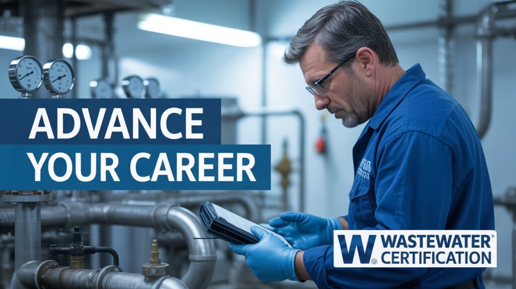 wastewater certification timeline A professional product shot advertisement for "Wastewater Certification" featuring a focused, experienced wastewater operator in a blue uniform inspecting equipment in a modern treatment plant, with gauges and pipes visible in the background. The scene is bathed in diffused, cool-toned lighting emphasizing the operator's expertise and the facility's cleanliness, utilizing a shallow depth of field to draw attention to the operator and a subtle reflection of equipment. A bold, clean banner overlayed on the top left reads "Advance Your Career" with a smaller "Wastewater Certification" logo placed in the bottom right corner, conveying a sense of professional growth and reliability with a serious, trustworthy aesthetic.