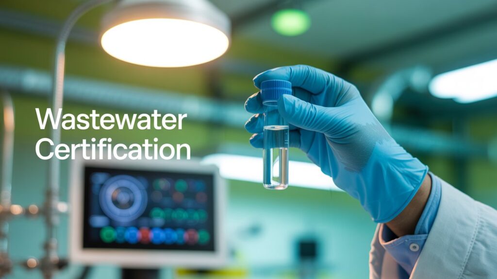 A professional YouTube thumbnail featuring a focused shot of a gloved hand carefully analyzing a water sample in a laboratory setting. The hand holds a vial filled with clear liquid, reflecting the bright overhead laboratory lights, with a faint, diffused glow illuminating the surrounding scientific equipment. A blurred background shows a modern wastewater treatment plant control room, with gauges and monitors, subtly conveying the certification topic, and the text "Wastewater Certification" is prominently displayed in a clear, sans-serif font at the top. The color palette utilizes cool blues and greens, contrasted with the warm glow of the laboratory, appealing to an adult audience.
